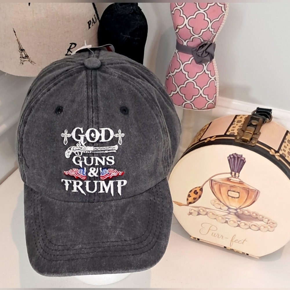 God, Guns & Trump Velcro Strap Back OSFM Black Hat NWT